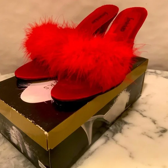 VTG Fredericks Of Hollywood Glamour Girl Marabou Slippers Red Feather Size 7 - Picture 4 of 10